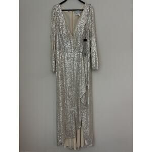 Ieena For Macduggal Silver Long Sleeve V-Neck Sequined Wrap Dress 26395 Size 16